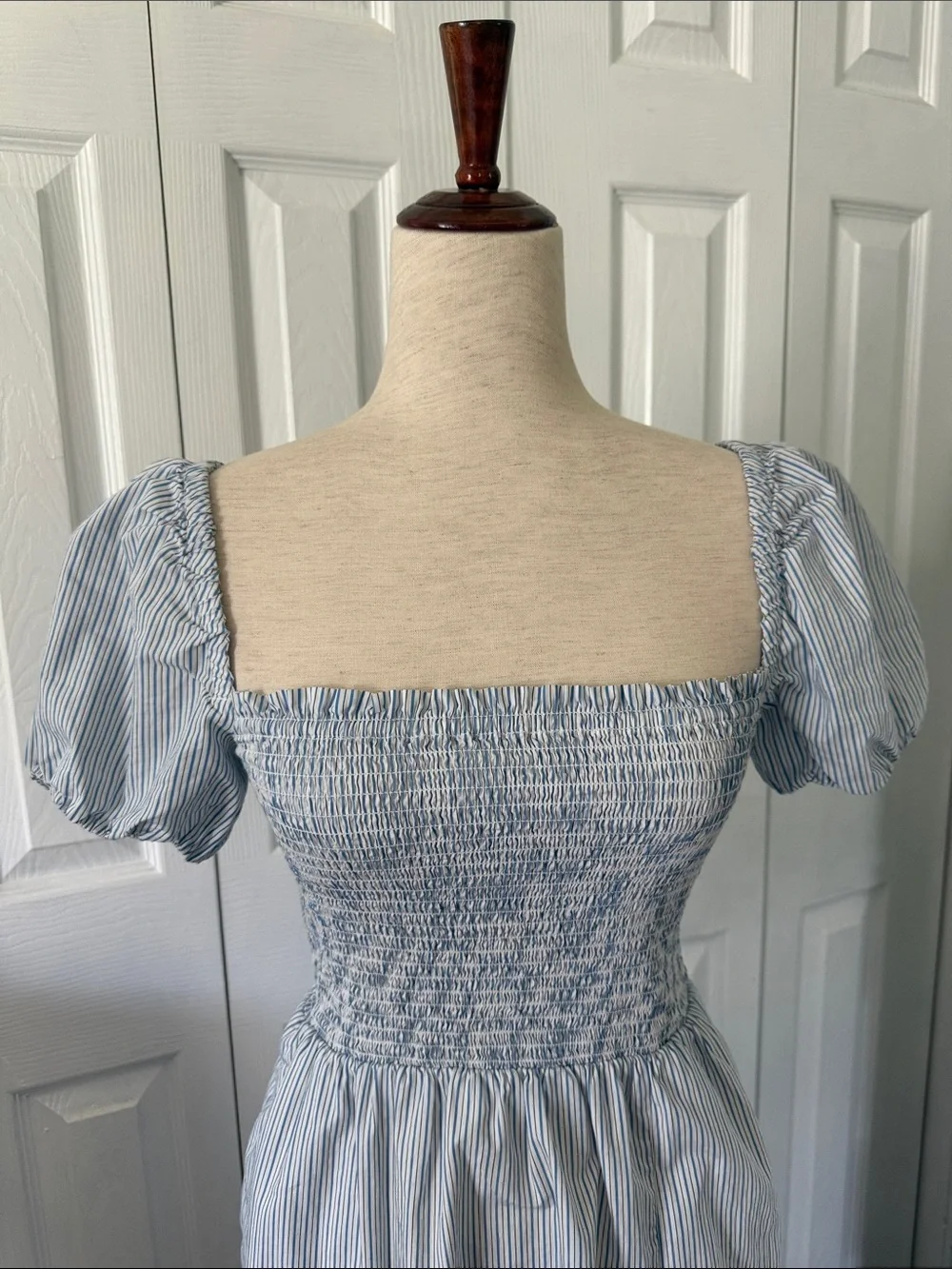 J. Crew Cotton Light Blue and White Striped Smocked Midi Dress Sz XS